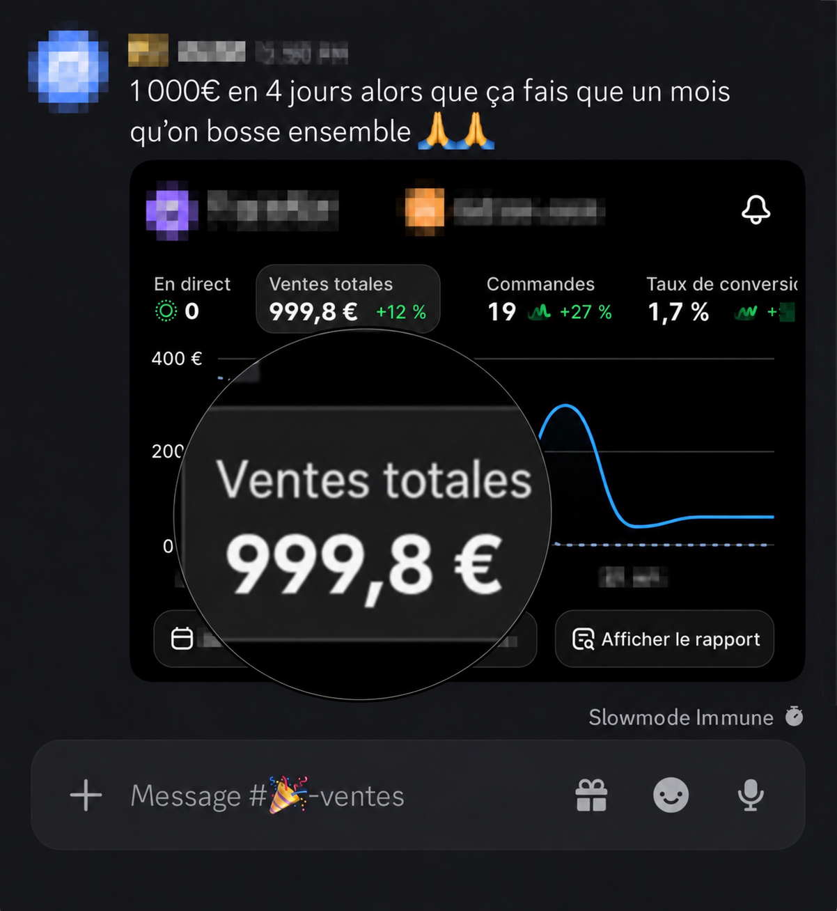 Message Discord d'un élève affichant 1 000 € de ventes en quatre jours