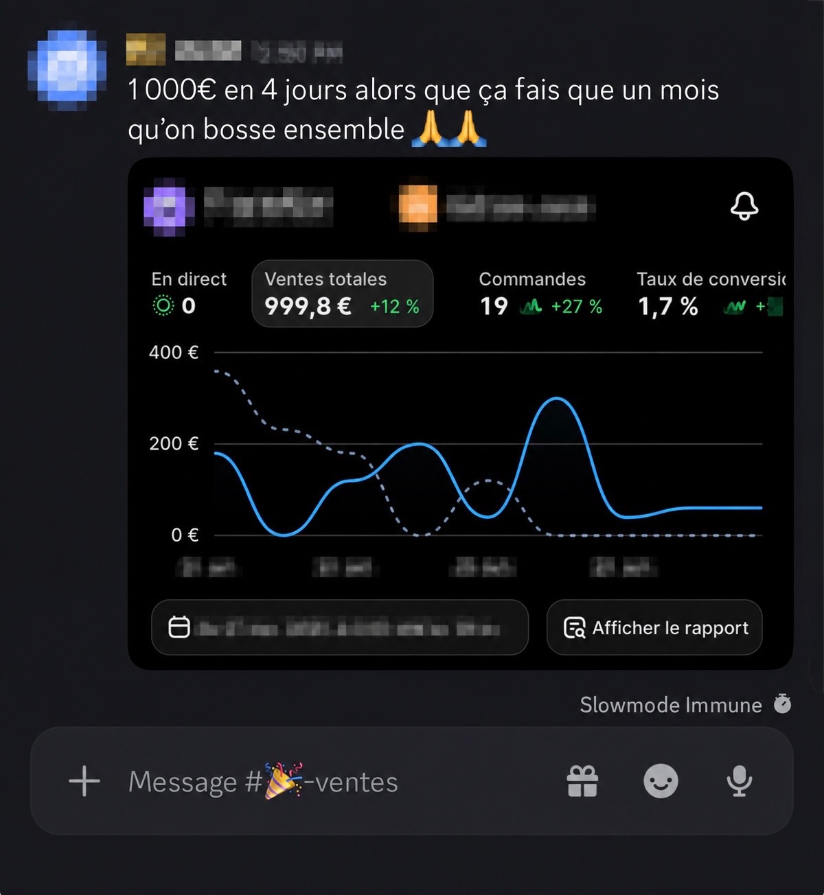 Message Discord d'un élève affichant 999,80 € de ventes en quatre jours